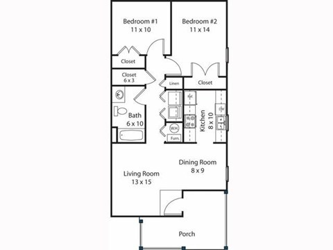 Floor plan for 2 beds, 1 bath, 864 sqft